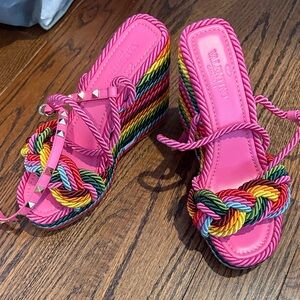 Valentino Pink and Multicolor Rope Wedge Sandals